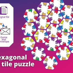 Printable hexagon 19 tile puzzle game with cup pattern, Printable game for teens and adults, entertaining brain teaser