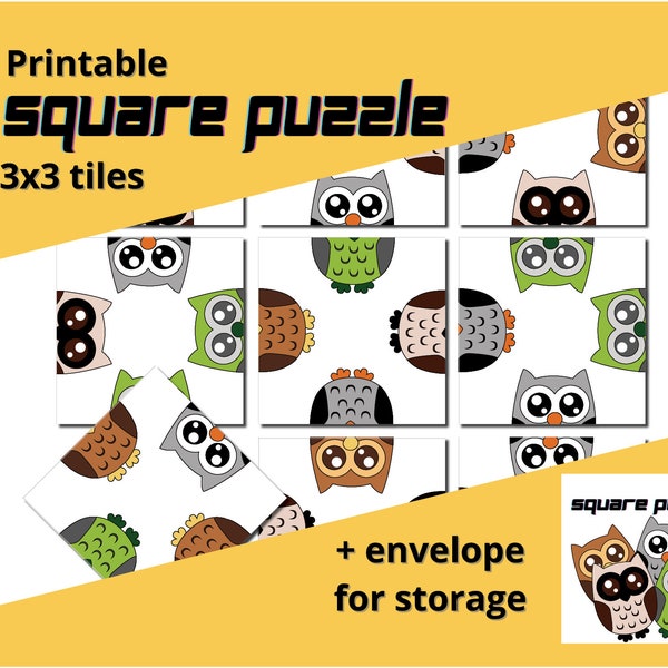 9 piece scramble squares puzzle with owls, printable brain teaser with envelope for storage, 3x3 square puzzle game for adults and kids