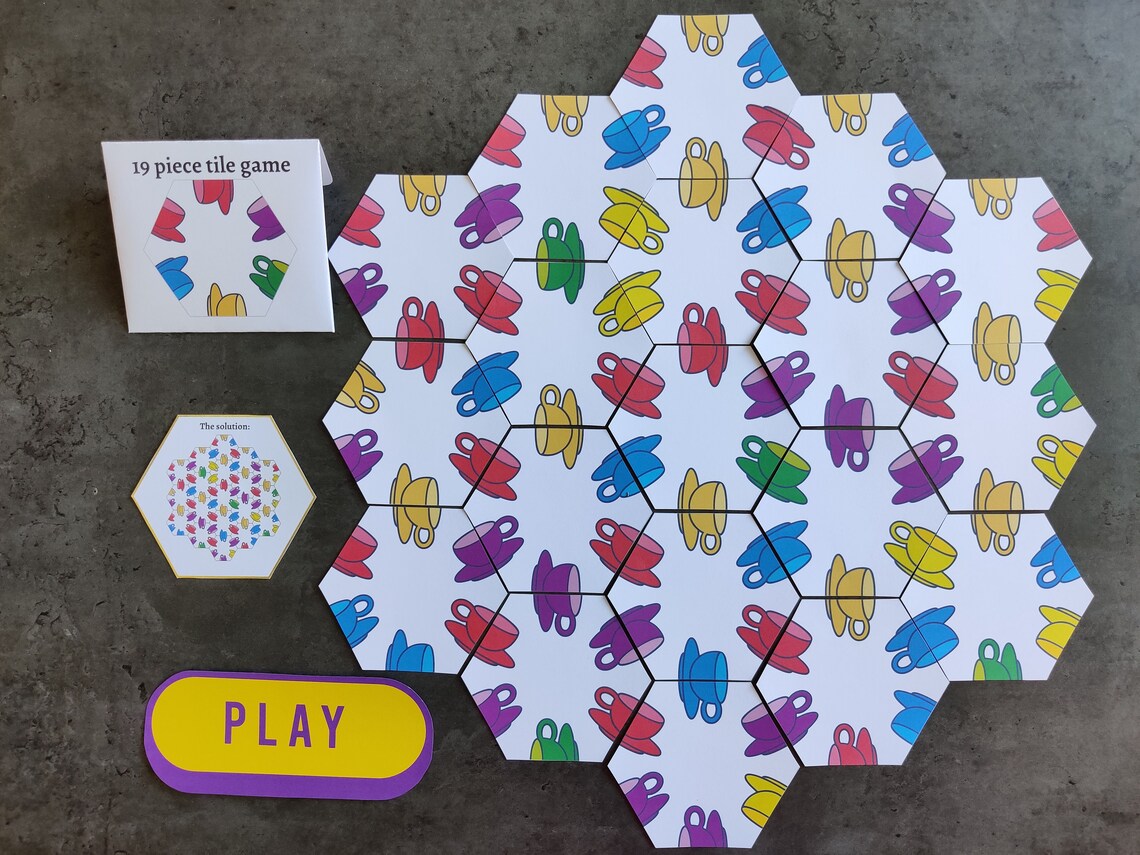 Printable Hexagon 19 Tile Puzzle Game With Cup Pattern, Printable Game ...