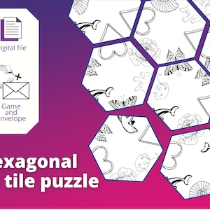 Printable hexagon 19 tile puzzle game for teens and adults, brain teaser. Black and white symbols: color them yourself or leave as is