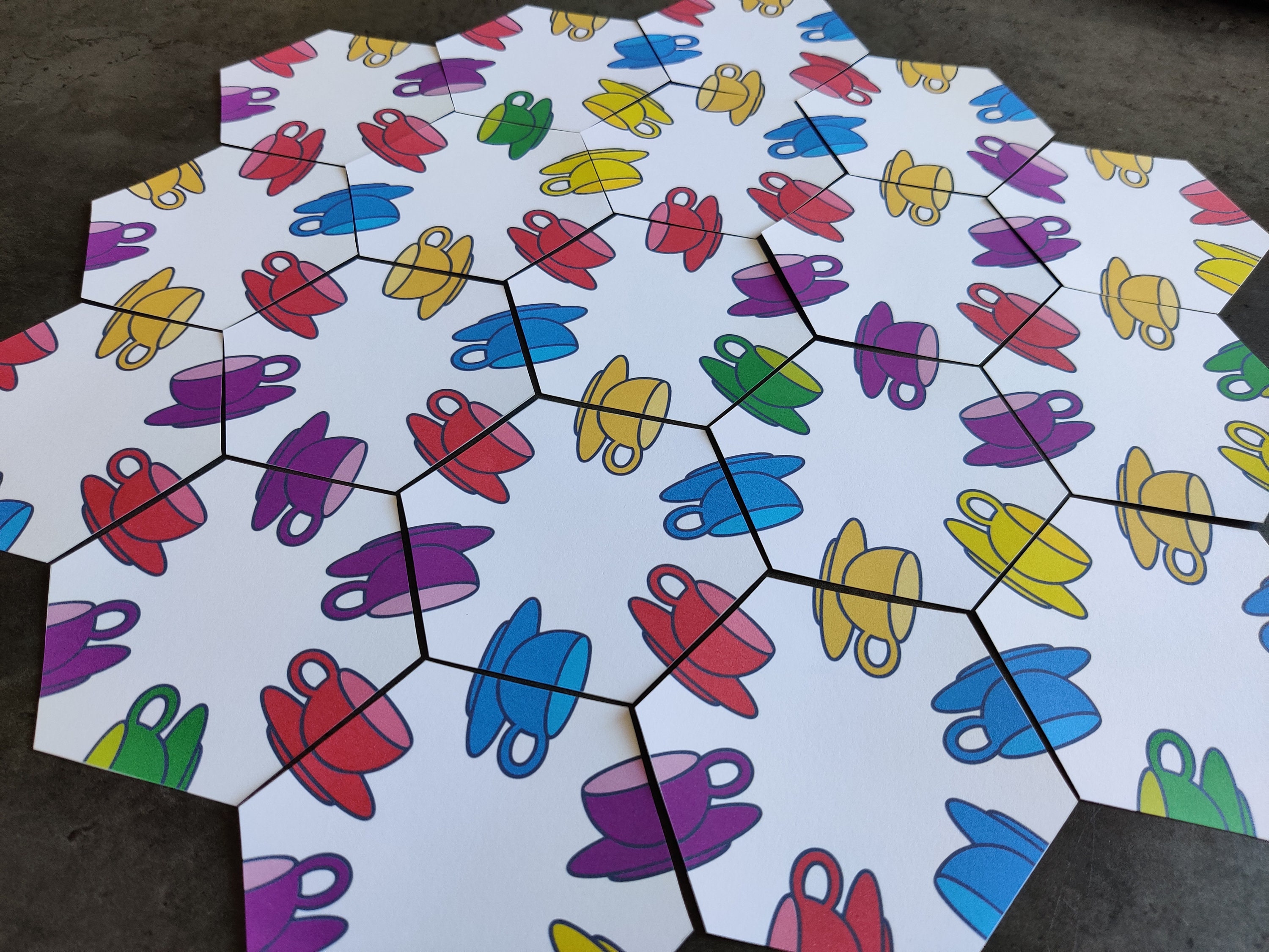 Printable Hexagon 19 Tile Puzzle Game With Cup Pattern, Printable Game ...