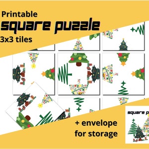 Puede incluir: Puzzle cuadrado de árbol de Navidad imprimible con 9 azulejos. El rompecabezas está formado por nueve cuadrados individuales, cada uno con una parte diferente de un árbol de Navidad. El rompecabezas viene con un sobre para su almacenamiento.