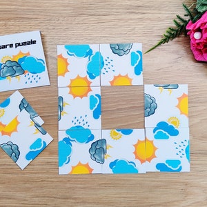 Peut inclure: Un puzzle carré composé de neuf pièces, chacune représentant une combinaison différente de nuages bleus, de soleils jaunes, de nuages de pluie gris et d'éclairs. Le puzzle est intitulé "square puzzle".