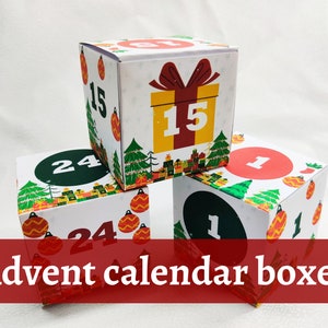 Adventskalender Ausdruckbare Zahlen Boxen, Boxen Vorlage mit Zahlen 1-24, Countdown to Christmas Aktivität, Adventskalender Set zum Befüllen