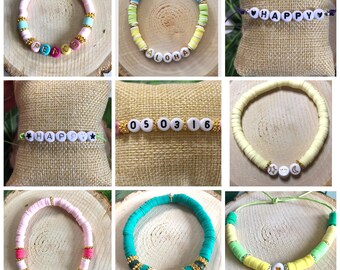 Bracelet personnalisable en perles Heishi, à message, bracelet prénom, bracelet initial, bracelet heishi, lettres et chiffres