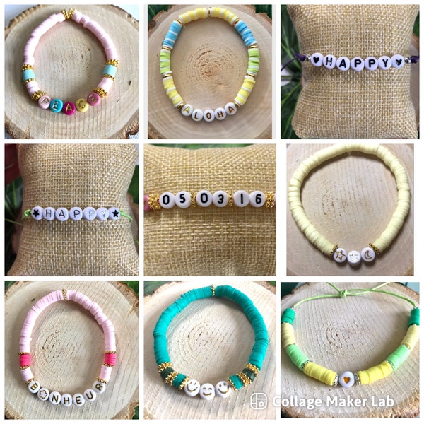 Bracelet personnalisable en perles Heishi, à message, bracelet prénom, bracelet initial, bracelet heishi, lettres et chiffres