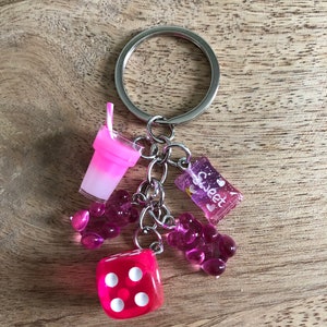 Fancy key ring, teddy bear key ring, dice, cocktail, and packet of candy, gift idea, adorable key ring, very colorful and very light