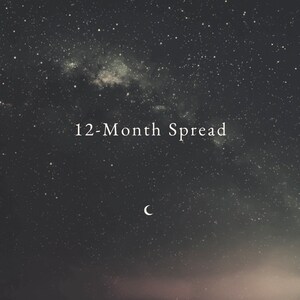 Może przedstawiać: Ciemne nocne niebo z rosnącym księżycem i rozproszonymi gwiazdami. Tekst "12-Month Spread" jest wyśrodkowany na obrazie.