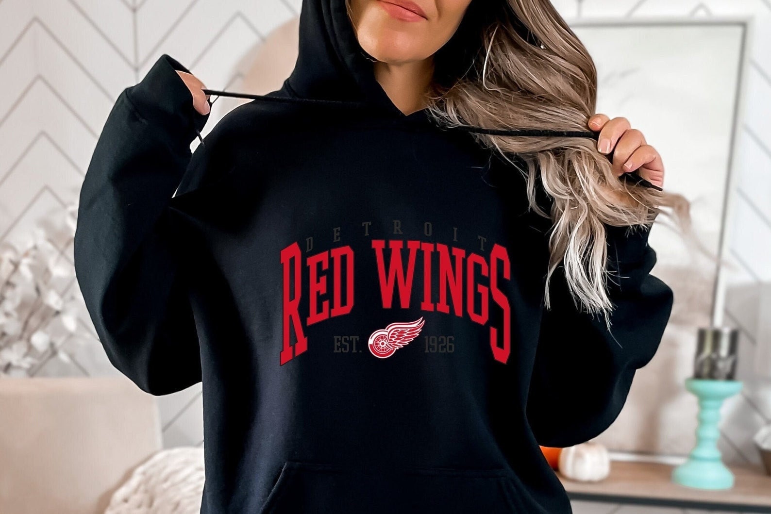 Detroit Red Wings Inspired Vintage Wash Hooded Sweatshirt 