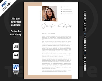 Original, Modern and Professional Biography Resume template design for Word. Included are 2 Layouts and 3 color schemes.