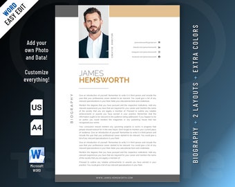 Modern, Executive and Professional Biography Resume template design for Word. Included are 2 Layouts and 3 color schemes.