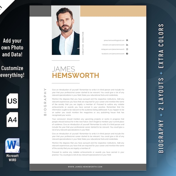 Modern, Executive and Professional Biography Resume template design for Word. Included are 2 Layouts and 3 color schemes.