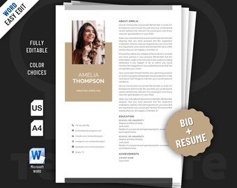 Professional Resume and Bio template for Word. Included are 2 editable designs.