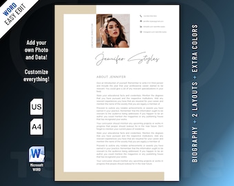 Original, Modern and Professional Biography Resume template design for Word. Included are 2 Layouts and 3 color schemes.