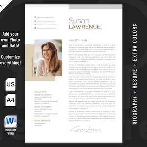 Clean, Modern and Professional Biography Resume template design for Word. This bundle includes biography and resume. Fully customizable.