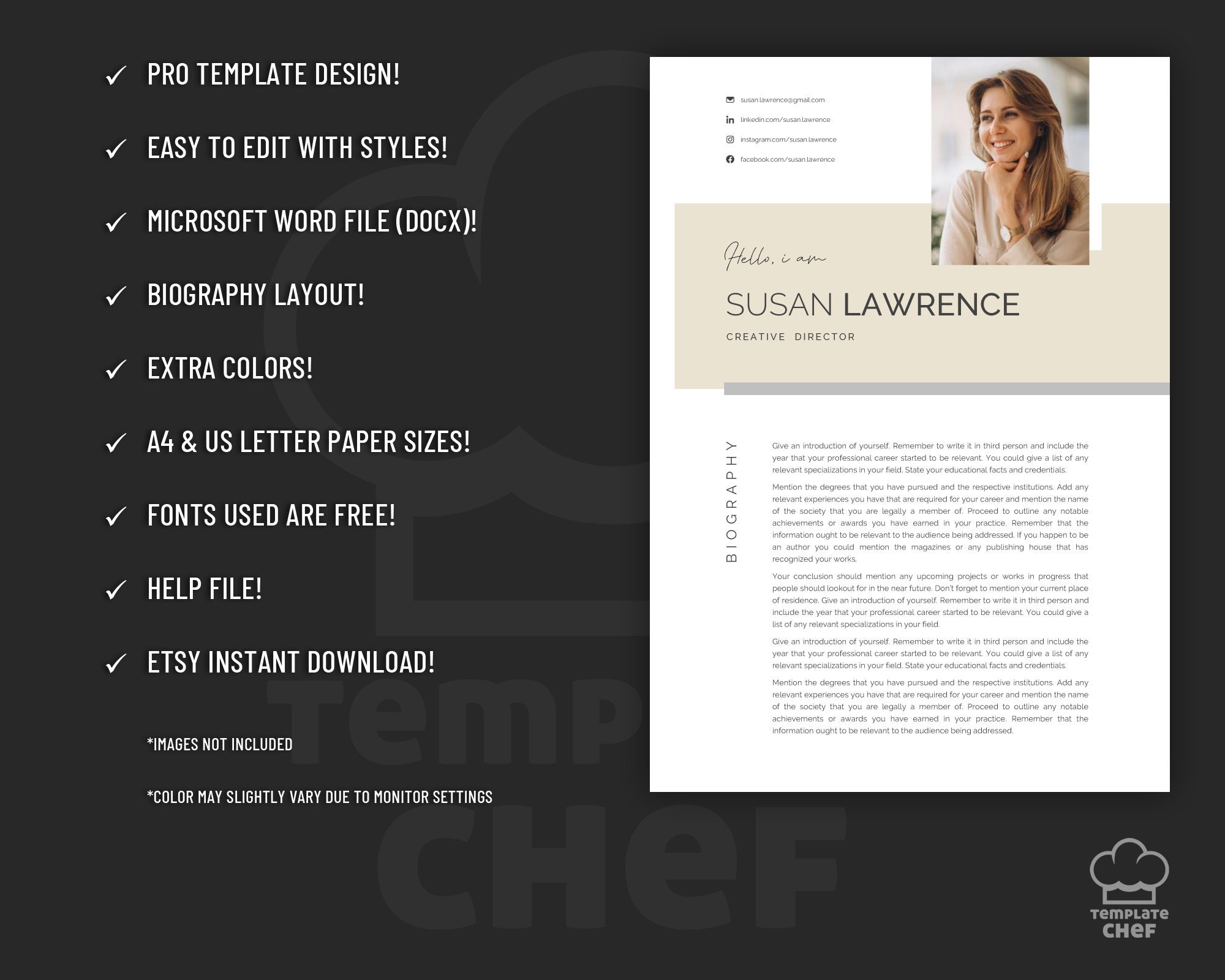 Professional Biography Template Design for Word. Included Are 2 ...