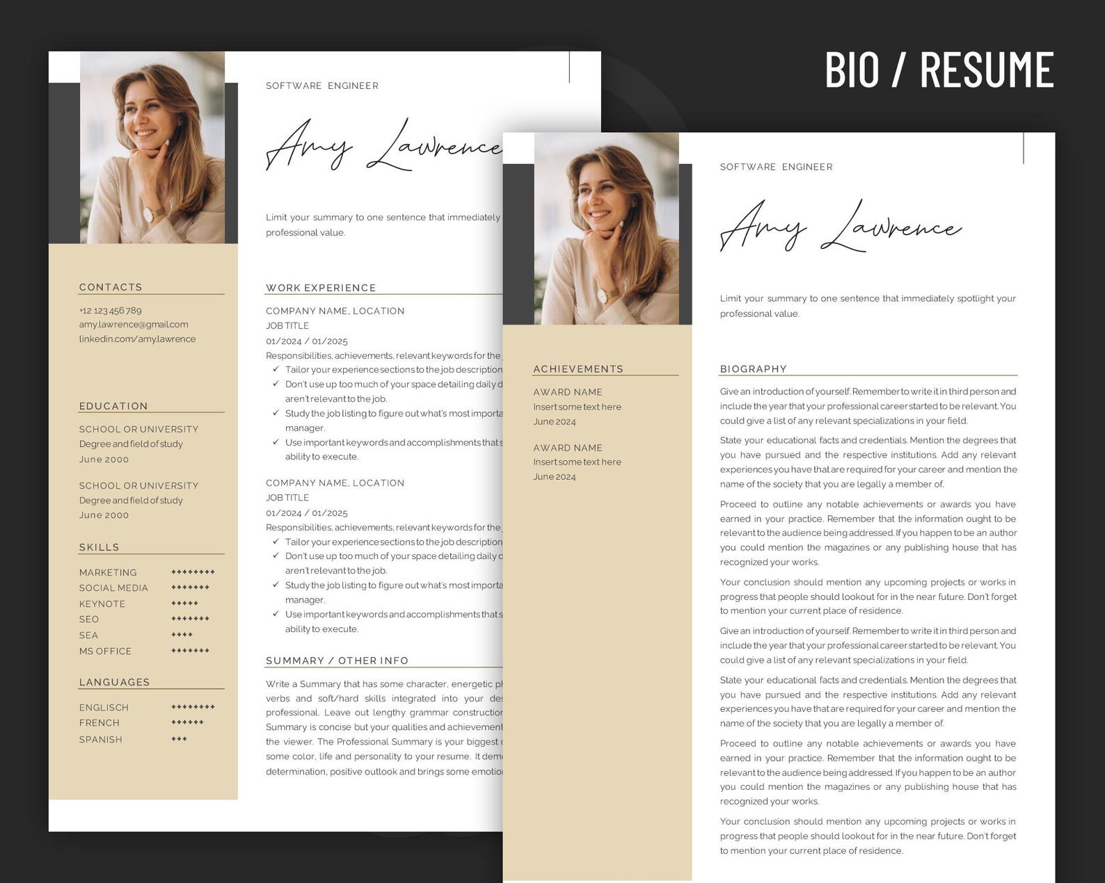Resume and Bio Template Design for Word. Fully Editable With ...