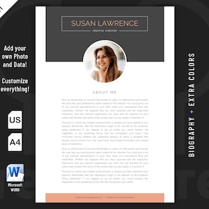 Original, Modern and Professional Biography Resume template design for Word. 3 editable color schemes included.