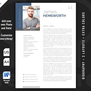 Modern, Executive and Professional Biography Resume template design for Word. Included are 2 Layouts and 3 color schemes.