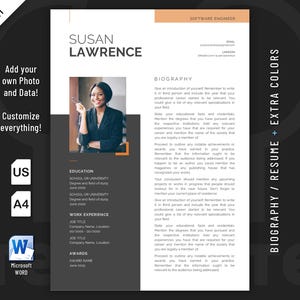 Creative, Modern and Professional Biography Resume template design for Word. Included are 3 color schemes.