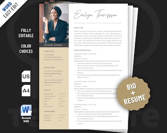 Elegante plantilla de biografía y currículum para Word. Incluye dos diseños editables.
