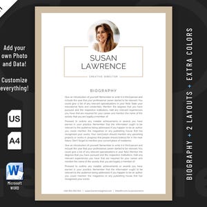 Clean, Modern and Professional Biography Resume template design for Word. Included are 2 Layouts and 3 color schemes.