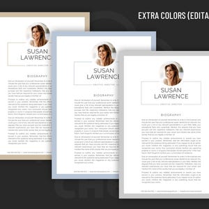 May include: Three different versions of a resume template with a headshot of a woman, the name "Susan Lawrence", and the title "Creative Director". The text "Biography" is also included on each template.