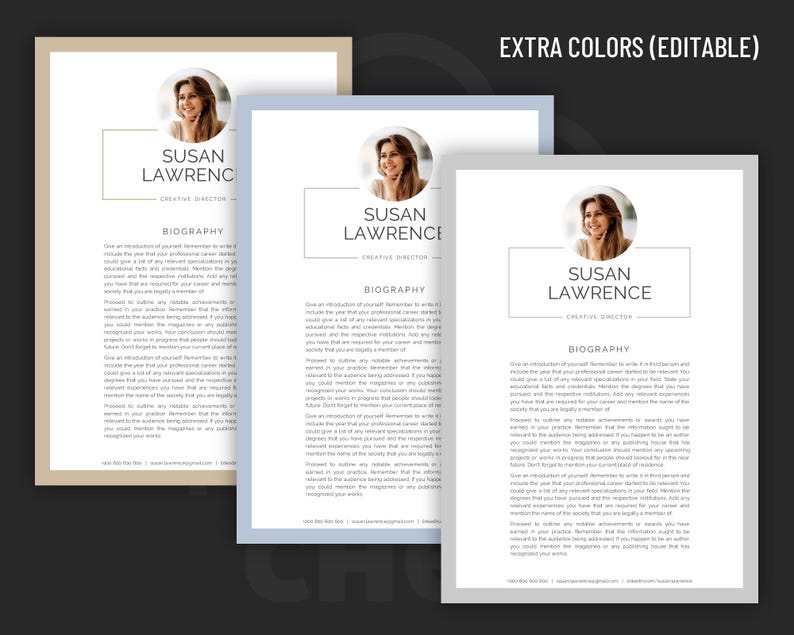May include: Three different versions of a resume template with a headshot of a woman, the name "Susan Lawrence", and the title "Creative Director". The text "Biography" is also included on each template.