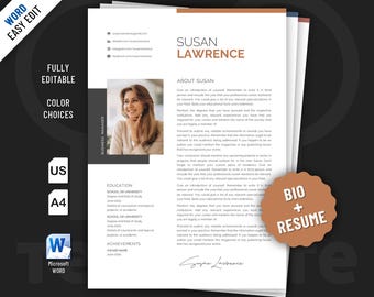 Professional resume and bio template design for Word. Editable digital file.