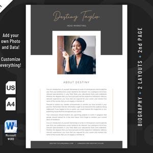 Creative, Modern and Professional Biography Resume template design for Word. Included are 2 Layouts and 2nd page.