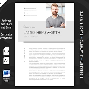 Modern, Executive and Professional Biography Resume template design for Word. Included are 2 Layouts.