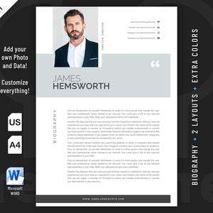 Creative, Modern and Professional Biography Resume template design for Word. Included are 2 Layouts and 3 color schemes.