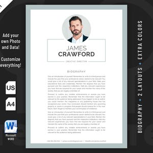 Clean, Modern and Professional Biography Resume template design for Word. Included are 2 Layouts and 3 color schemes.