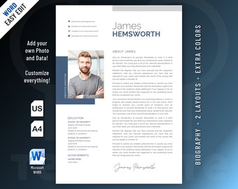 Creative, Modern and Professional Biography Resume template design for Word. Included are 2 Layouts and 3 color schemes.