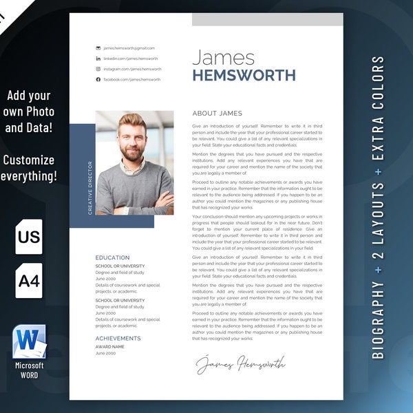 Creative, Modern and Professional Biography Resume template design for Word. Included are 2 Layouts and 3 color schemes.