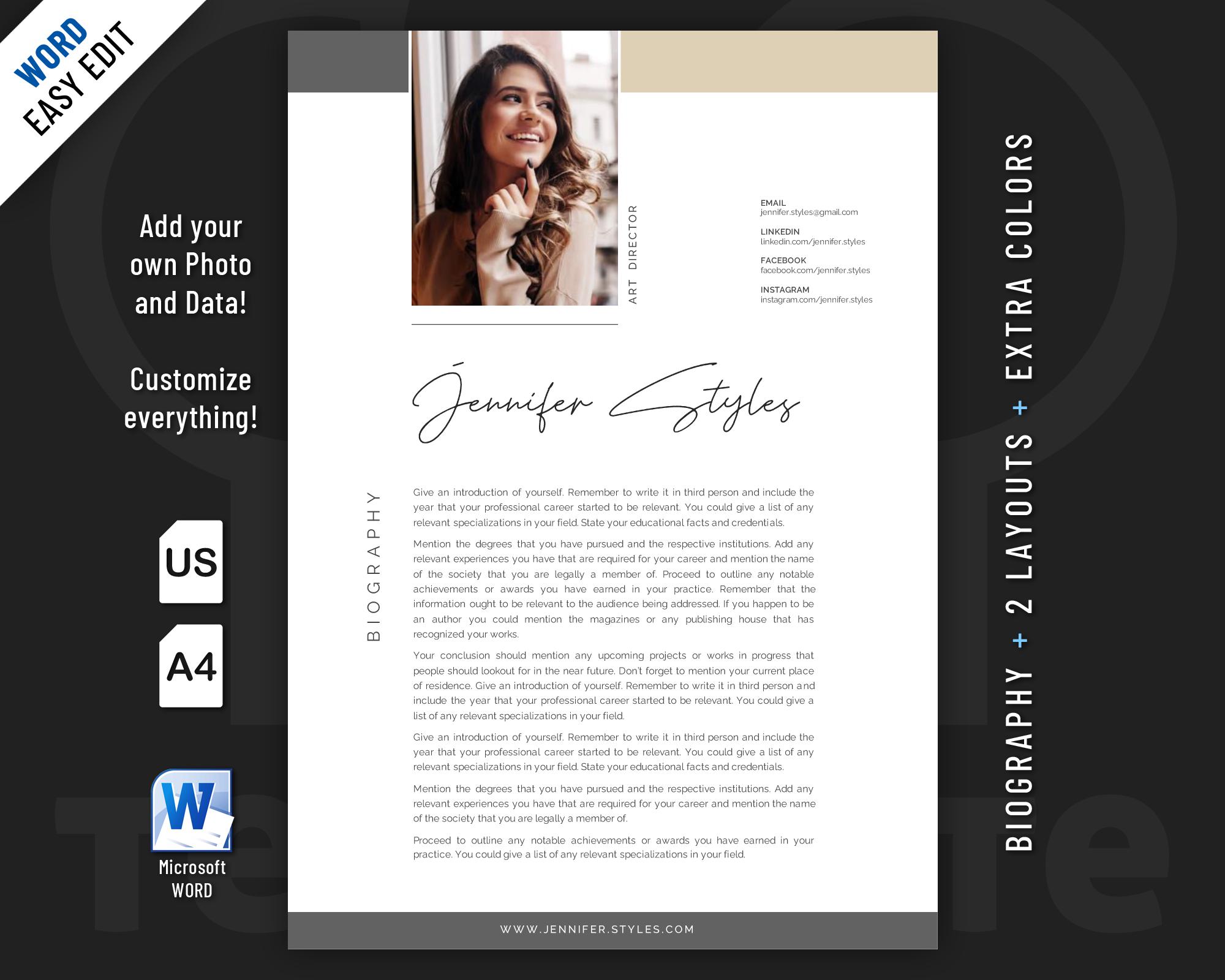 Modern, Executive and Professional Biography Resume template design for Word. Included are 2 Layouts and 3 color schemes.