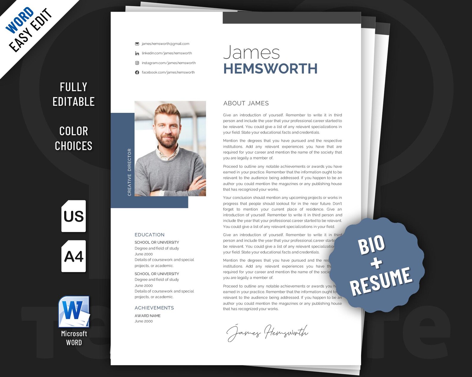 Modern Biography Template Design for Word. Included Are 2 Editable ...
