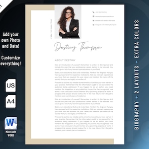 Creative, Modern and Professional Biography Resume template design for Word. Included are 2 Layouts and 3 color schemes.