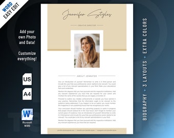 Elegant, Modern and Professional Biography Resume template design for Word. Included are 3 Layouts and 3 color schemes.