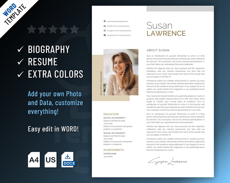 Clean, Modern and Professional Biography Resume Template Design for Word. This Bundle Includes