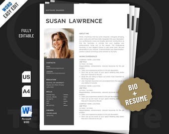 Plantilla de currículum biográfico para Word. Incluye dos diseños editables.