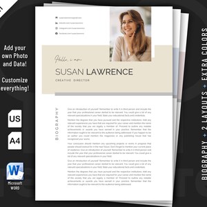 Professional Biography template design for Word. Included are 2 creative bio templates.