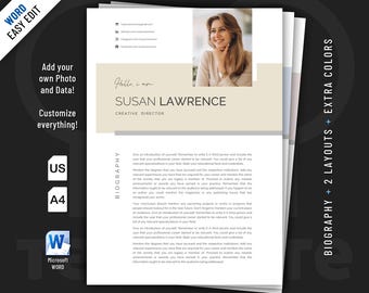 Professional Biography template design for Word. Included are 2 creative bio templates.