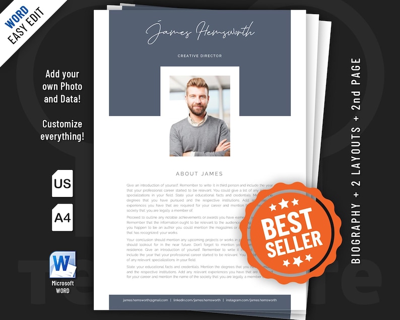 Biography Template Design for Word. Included Are 2 Editable Layouts. - Etsy