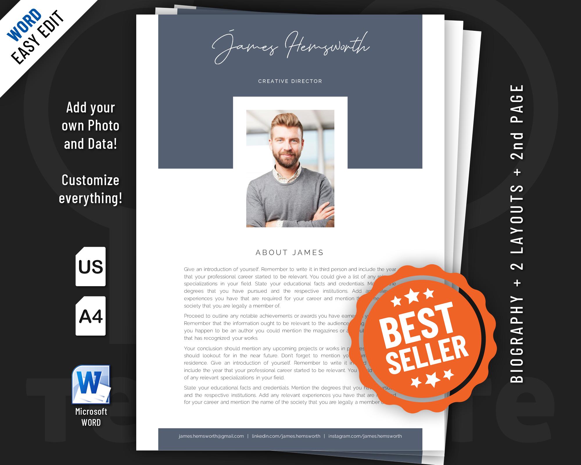 Biography Template Design for Word. Included Are 2 Editable Layouts. - Etsy