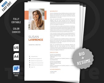 Diseño de plantilla de biografía y currículum para Word. Incluye dos diseños editables.