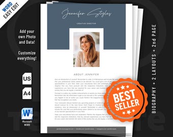 Biography template design for Word. 2 editable layouts included.