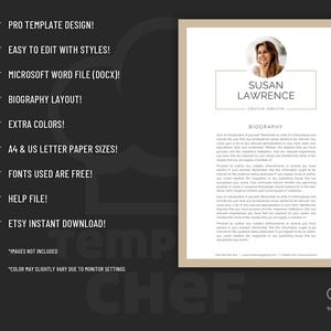May include: A beige template for a professional biography with a photo of a woman in the top left corner. The template includes the text "SUSAN LAWRENCE CREATIVE DIRECTOR" and the word "BIOGRAPHY".