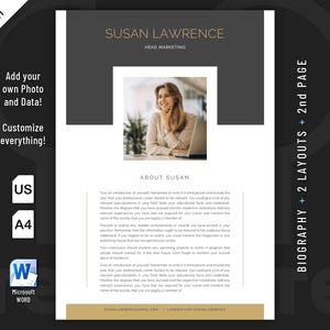 Modern and Professional Executive Biography Resume template design for Word. Included are 2 Layouts and 2nd page.