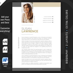 Creative, Modern and Professional Biography Resume template design for Word. Included are 2 Layouts and 3 color schemes.